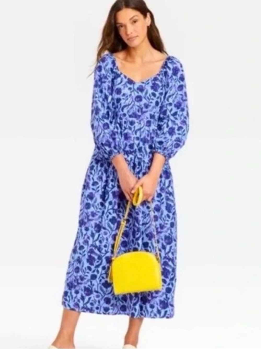 Universal Thread Cotton Floral Puff Sleeve Maxi Dress S Blue Cottagecore Tiered